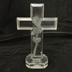 Noble Excellence Crystal Cross Rose Poland Religious Glass Lead Christian 8"